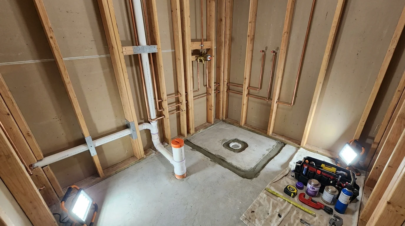Bathroom rough-in plumbing during remodel by Johns Plumbing LLC in West Warwick