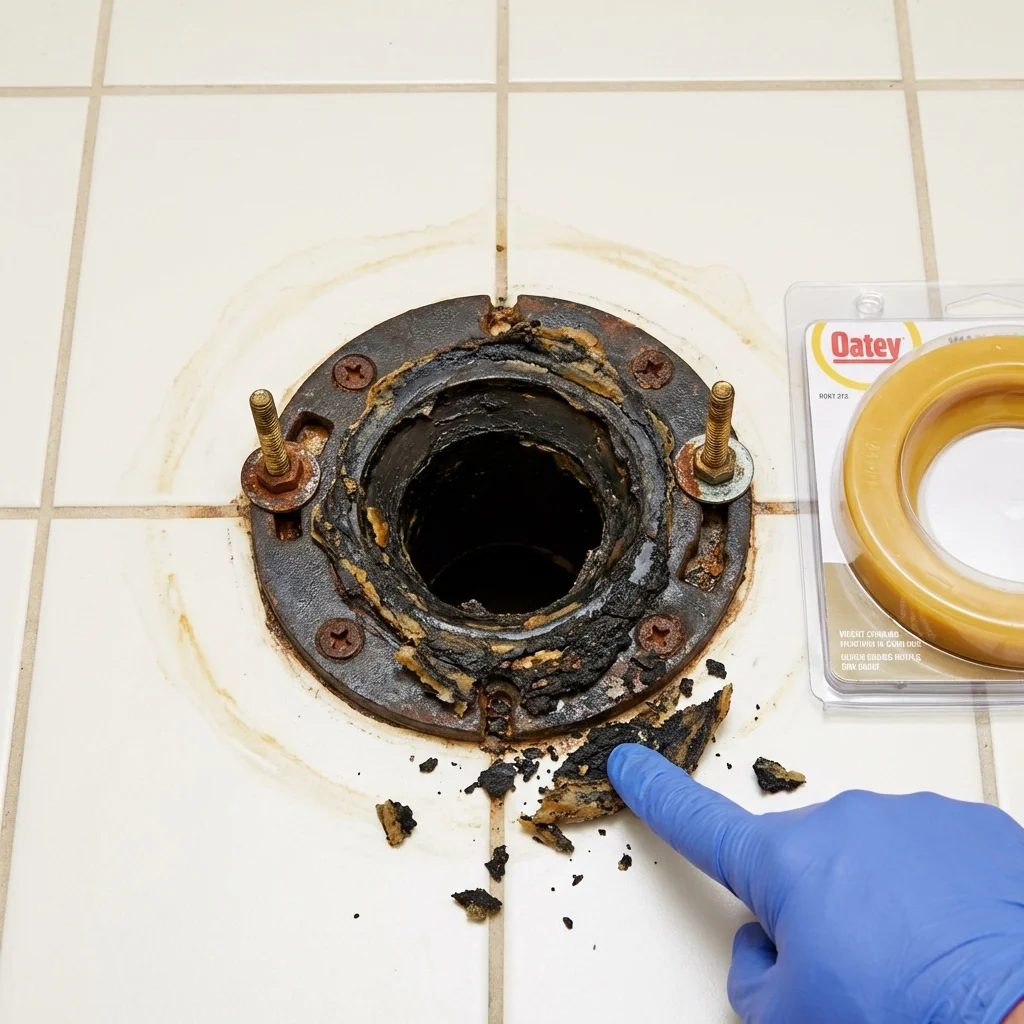 Failed wax ring showing water seepage at the base of a toilet in a West Warwick, RI home
