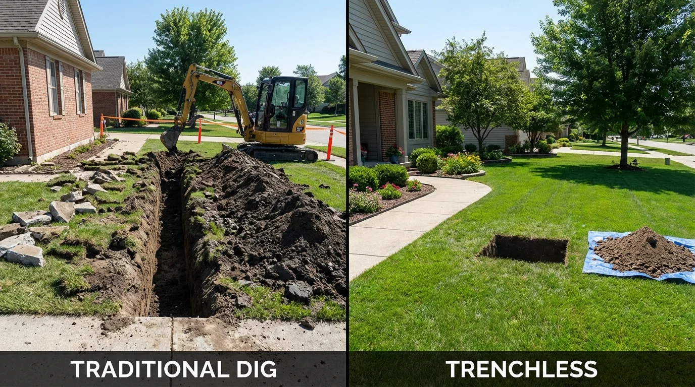 Trenchless sewer repair with minimal yard damage versus traditional excavation in West Warwick, RI