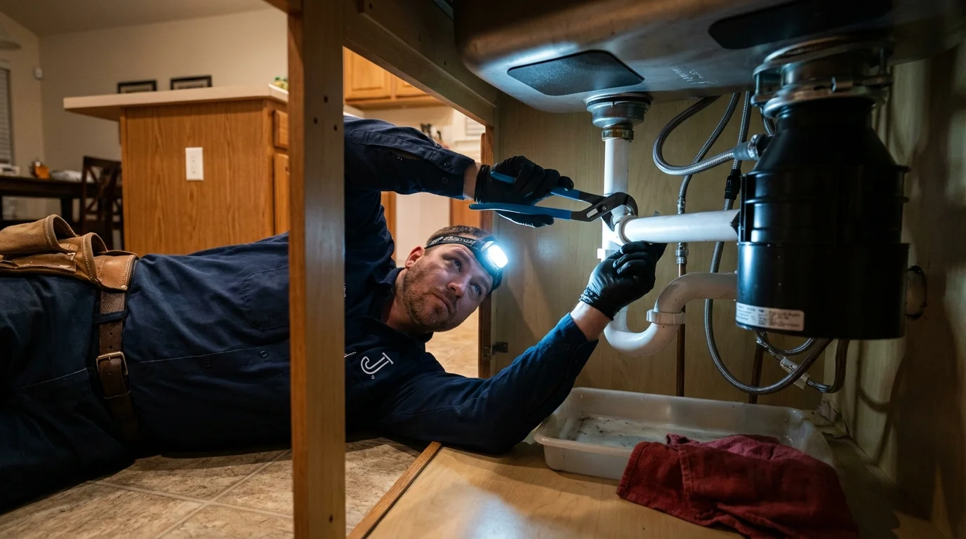 P-trap and supply line connections under a kitchen sink showing a common leak point in West Warwick, RI